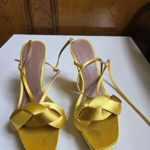 Zara Yellow Satin Braided Front Heel Sandals